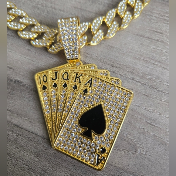 Hip Hop Iced Out Fully Rhinestone Gold Card Pendant & Cuban Chain Necklace 18" - Picture 5 of 11